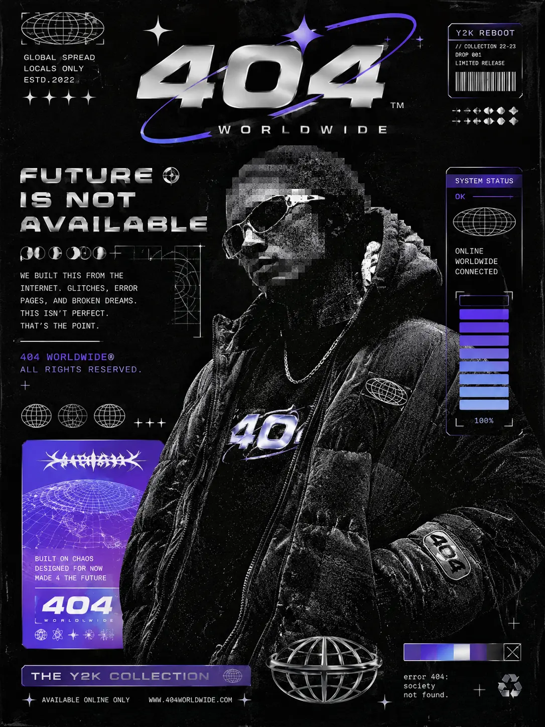 Modern Y2K aesthetic streetwear poster asset with intentional digital noise and glitch effects. Y2K vs Neo-Brutalism