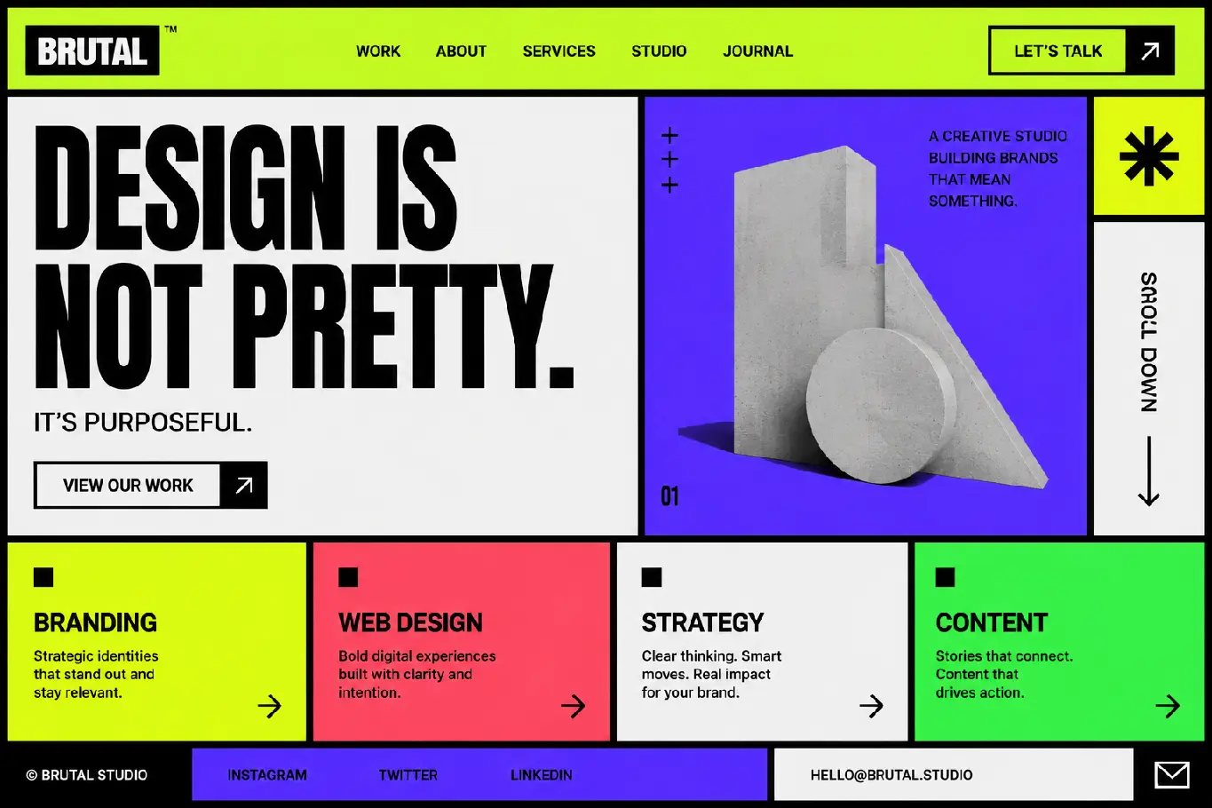 High contrast neo brutalist website homepage with thick black strokes and vibrant neon accents. Y2K vs Neo-Brutalism