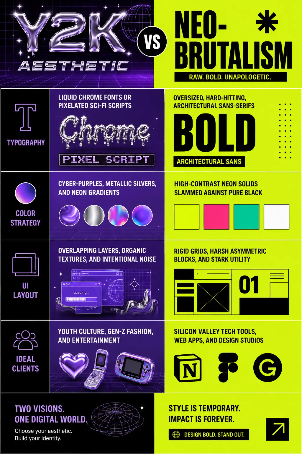 Detailed graphic design cheat sheet comparing typography, layout, and colors of Y2K vs Neo Brutalism.