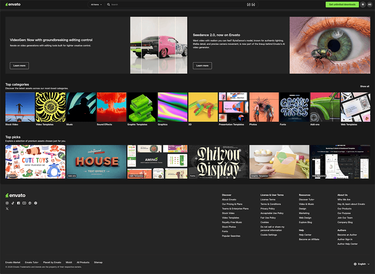 Envato Elements unlimited graphic design assets library and UI kits dashboard