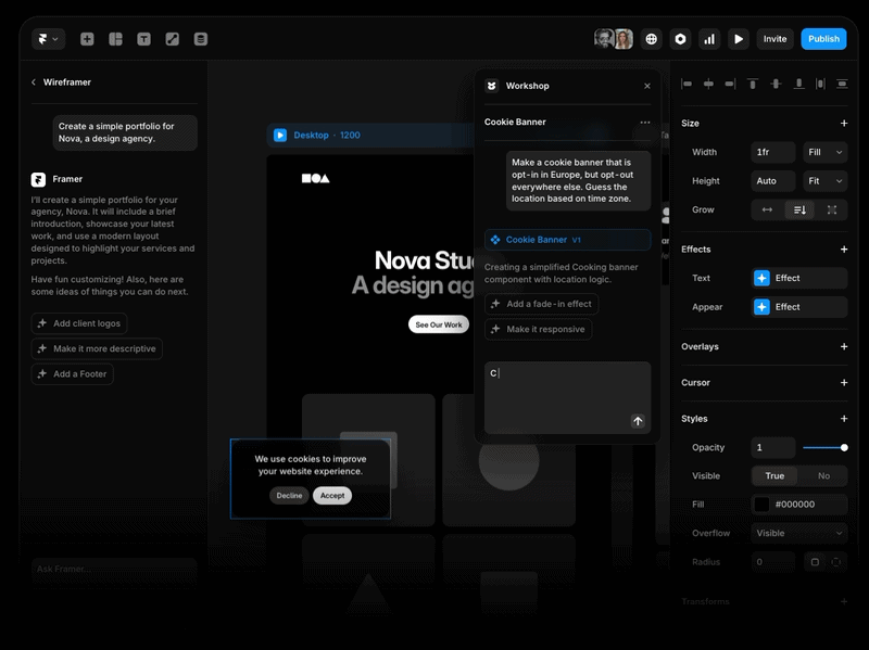 Framer AI generating a responsive website layout from a text prompt in seconds