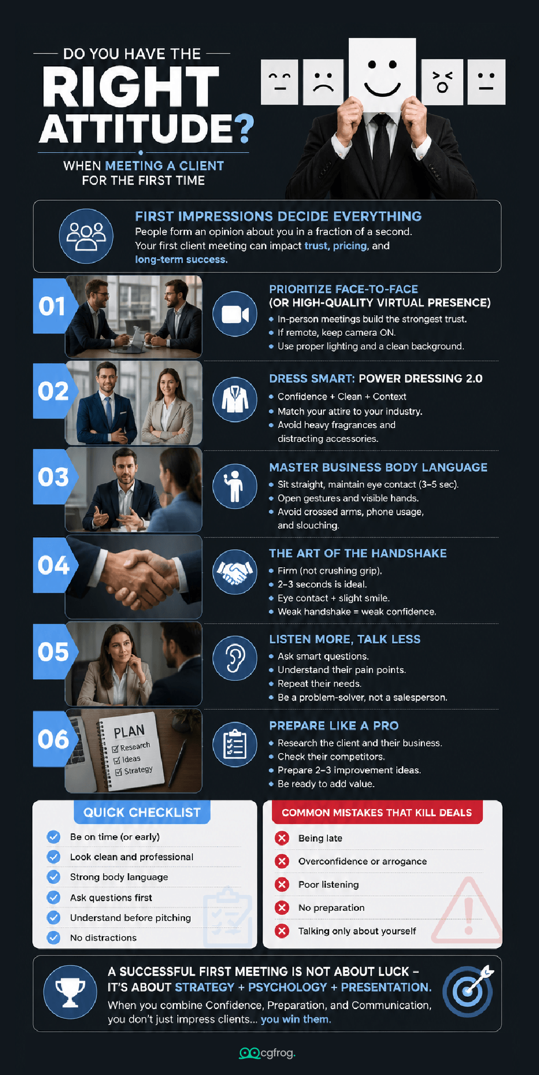 How to Make a Lasting First Impression: A Guide for Winning Your First Client Meeting Infographic