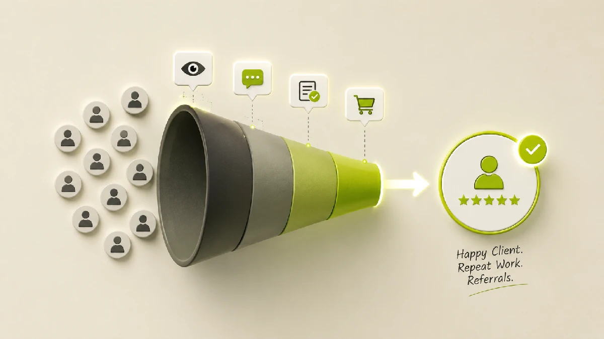 Illustration of a freelance marketing funnel showing how word of mouth leads to happy clients and referrals