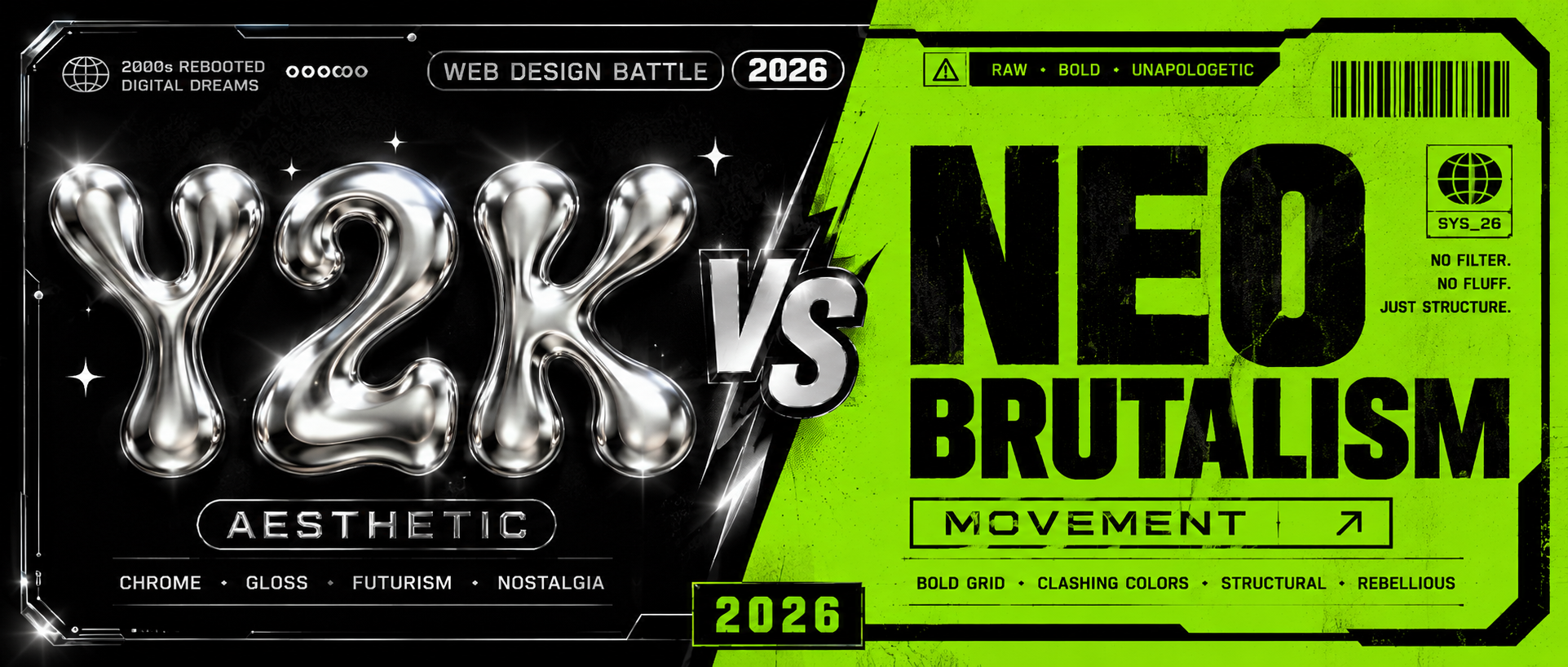 Y2K aesthetic vs Neo Brutalism digital art style comparison headline banner for 2026.