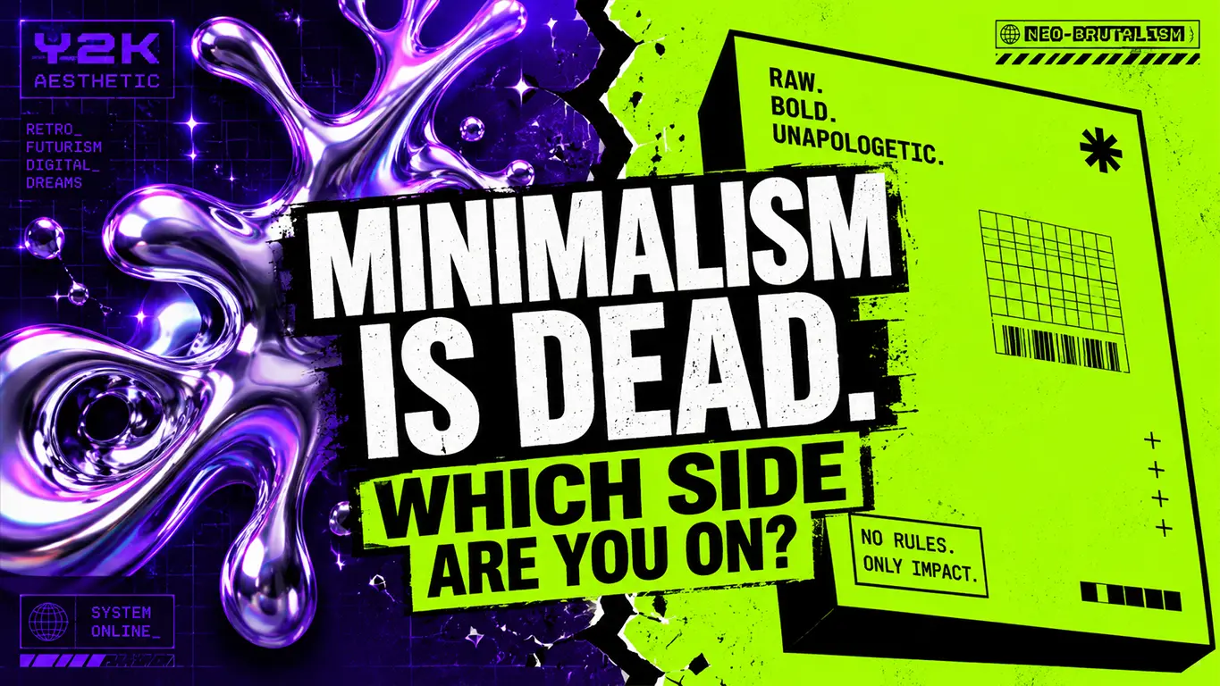 Y2K aesthetic vs Neo Brutalism design battle 2026 featured banner with minimalism is dead text Y2K vs Neo-Brutalism