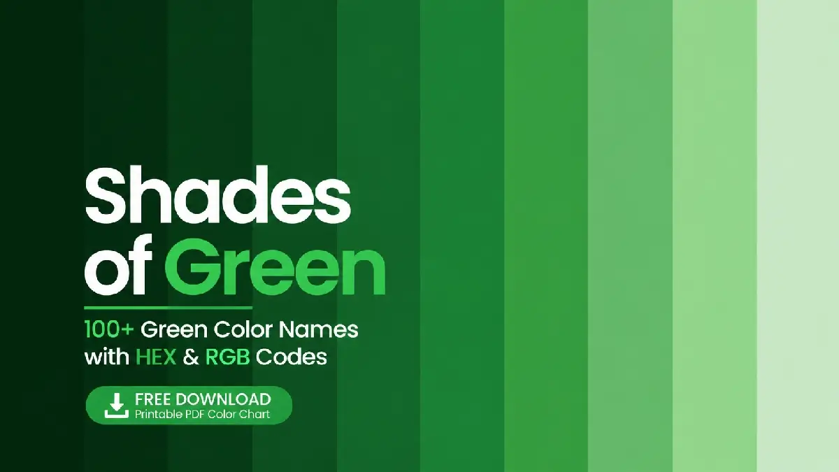 Master guide showing 100 shades of green with names and hex codes