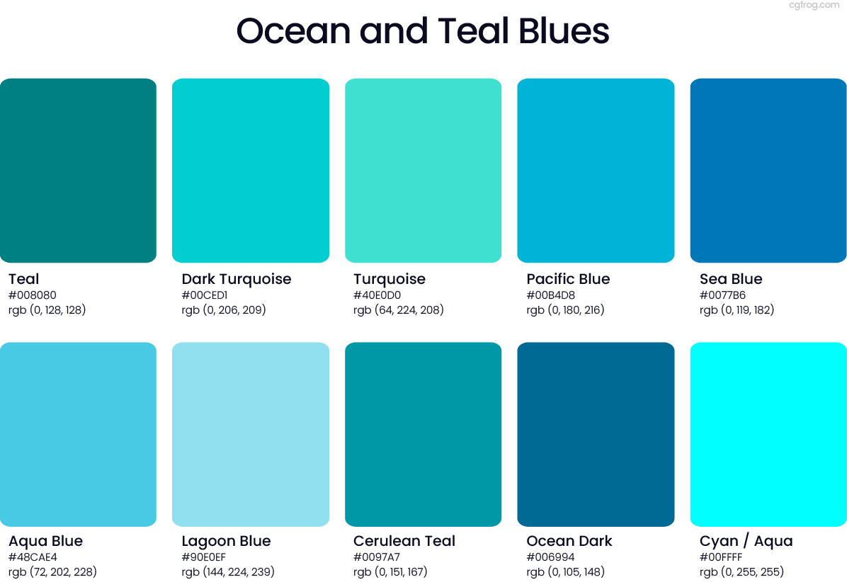 Ocean and Teal Blue Shades including Turquoise and Aqua with HEX Codes